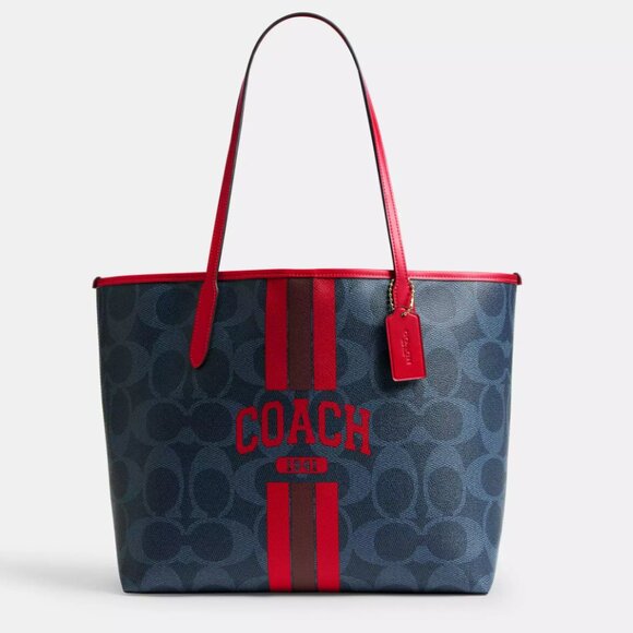COACH City Tote Bag In Signature Canvas With Coach Graphic CBI79 Denim/Bold Red - Picture 1 of 9
